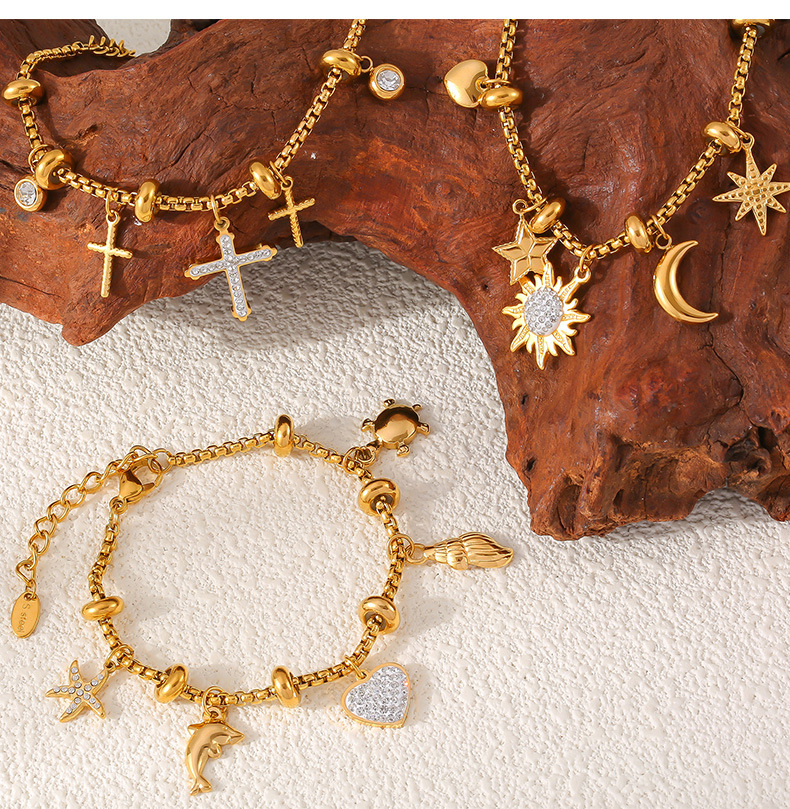 Gold Color Box Chain With Multi-element Pendant Diamond Bracelet