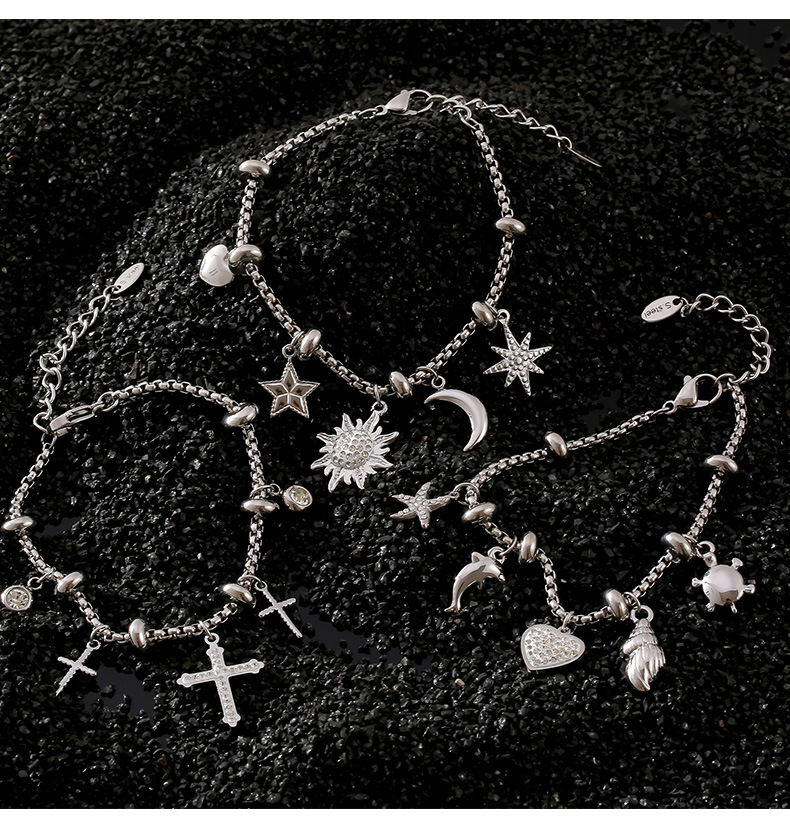 Steel Color Box Chain With Multi-element Pendant Diamond Bracelet