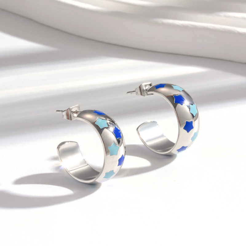 Multicolor C-Shaped With Pentagram Stainless Steel Earrings