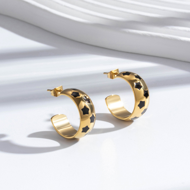 Minimalism C-shaped Enameled Multicolor Pentagram Stainless Steel Earrings