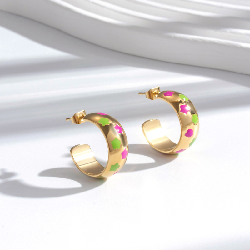 C-shaped Enameled Multicolor Pentagram Stainless Steel Earrings