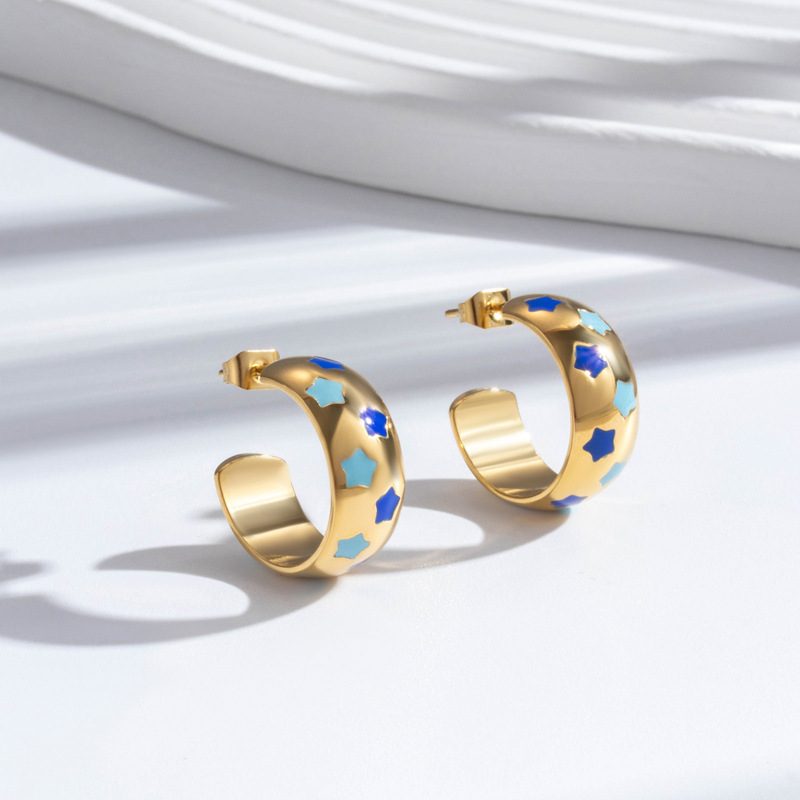 Bohemia C-shaped Enameled Star Stainless Steel Earrings