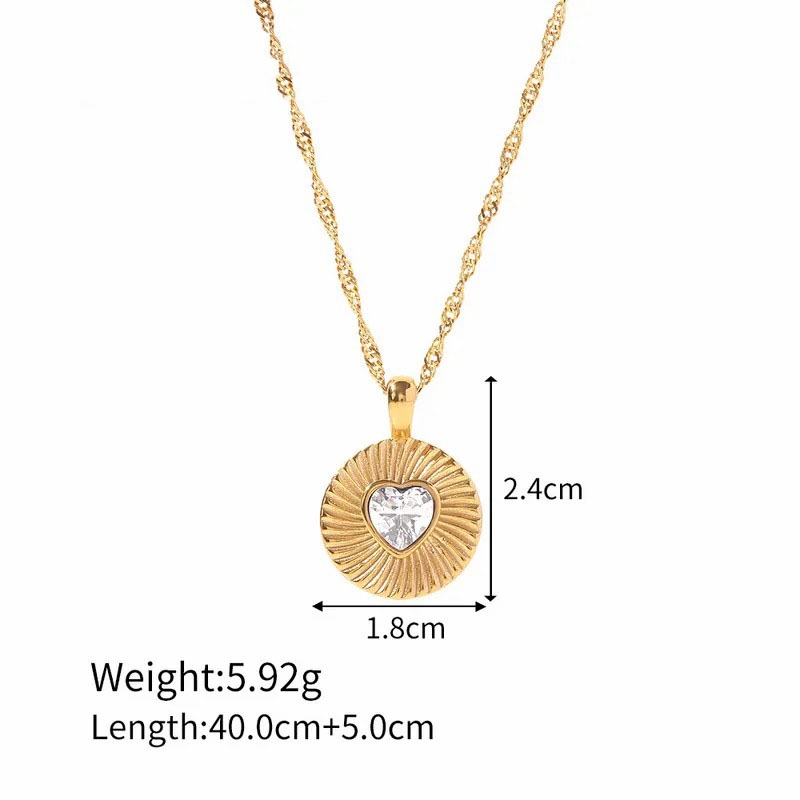 Fashion Heart Shape Zircon Inlaid Round Stainless Steel Titanium Steel Pendant Necklace