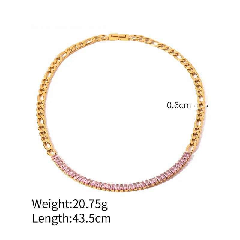 Gold Plated Pink Zircon Stainless Steel Titanium Steel Necklace