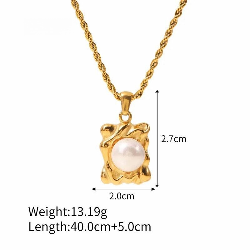 Square, Gold Plated,  Artificial Pearls Pendant, Stainless Steel Necklace